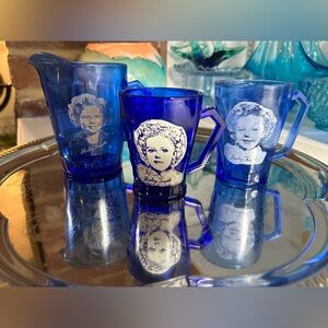 3 hazel atlas Shirley temple cobalt blue pitchers